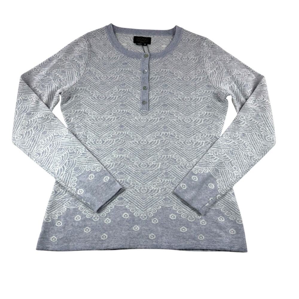Icelandic Design Merino Wool Fair Isle Sweater S Grey Henley Top Long Sleeve